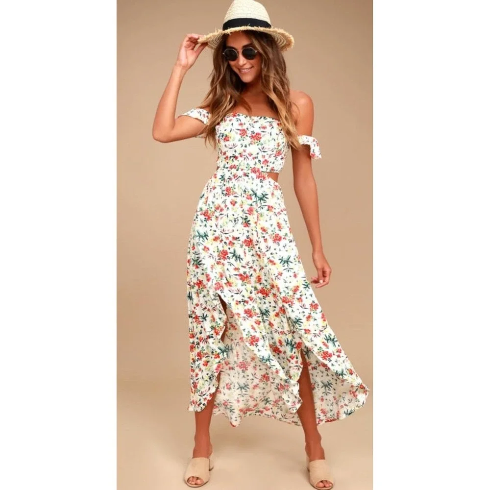 Lulus Lush Off Shoulder Floral Maxi Sundress Button Smocked Cut-Out Size M - Picture 4 of 9